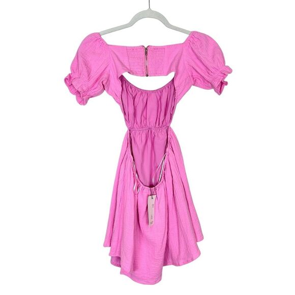 NWT Sundays Dress Gauze Cotton Small Pink Mini Open zip Back Short Puff Sleeve - Picture 3 of 16